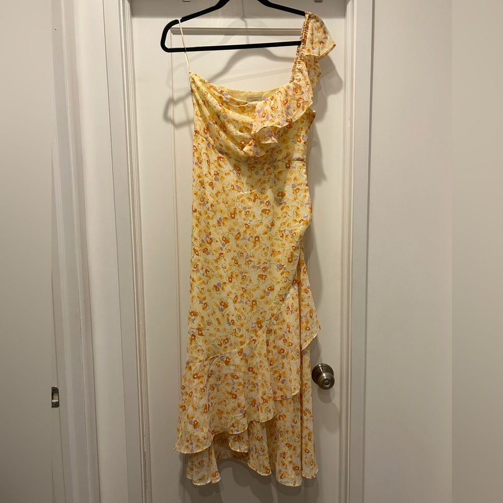 Ruffled One Shoulder Midi Dress, Yellow Floral